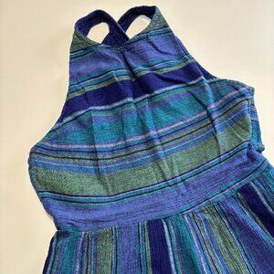 RETRO ROXY COTTON DRESS BLUE & GREEN STRIPES CROSSOVER OPEN BACK //